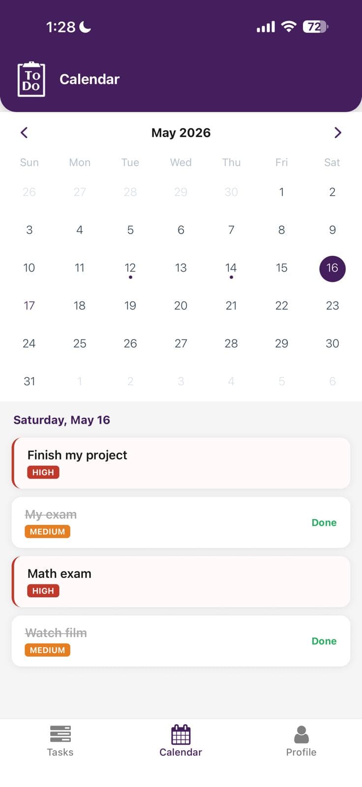 Todo app — calendar view